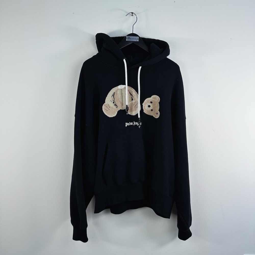 Palm Angels Black Hoodie with Beige Bear Design